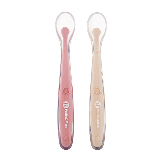 PETITE&MARS Silikonové lžičky s pouzdrem, sada 2 ks, Take&Match Sand - Rose 6m+