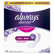 ALWAYS DISCREET Long Vložky Inkontinenční vhodné také při úniku moči 60 ks ALWAYS DISCREET Long Vložky Inkontinenční vhodné také při úniku moči 60 ks