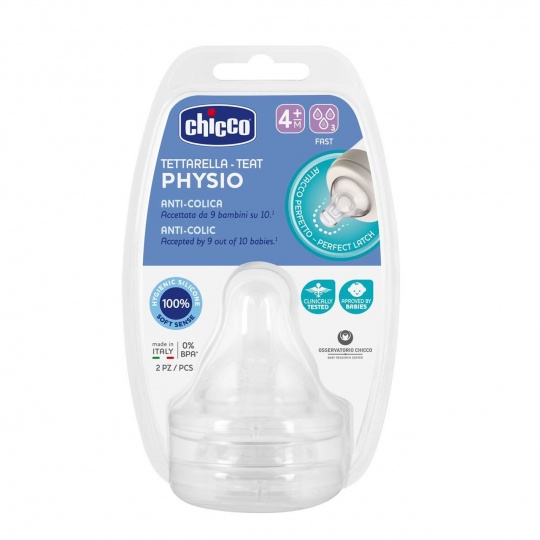 CHICCO Savička na láhev Perfect 5/Well-Being fyziologický rychlý průtok 4m+ 2 ks
