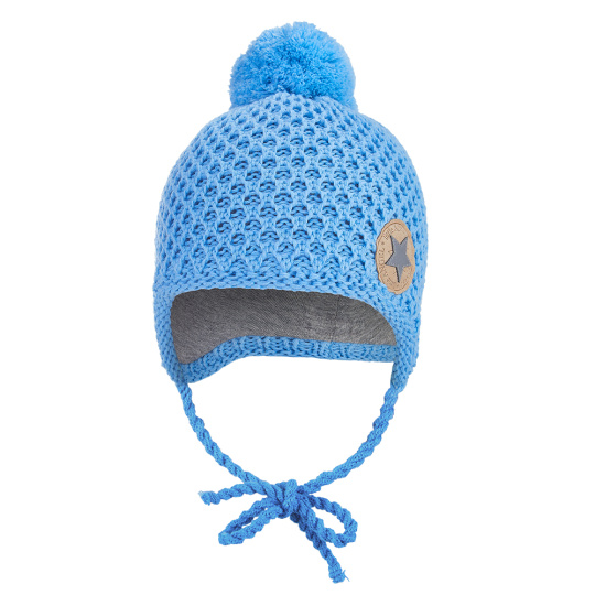 Little Angel-Čepice pletená zavazovací drobný vzor bambule Outlast® - sv.modrá Velikost: 2 | 39-41 cm