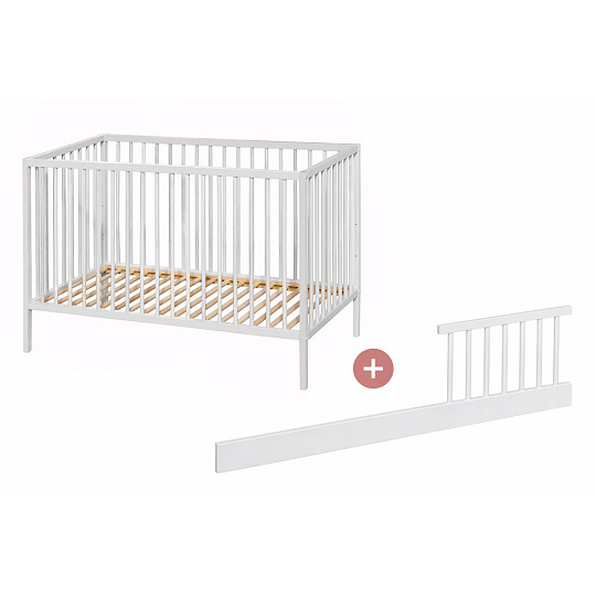 PETITE&MARS Postýlka dřevěná Nela White Wood 120x60 cm s bočnicí Side PETITE&MARS Postýlka dřevěná Nela White Wood 120x60 cm s bočnicí Side