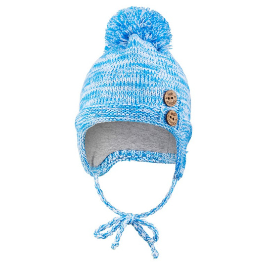 Little Angel-Čepice pletená zavazovací bambule a knoflíky Outlast ® - modrá melír Velikost: 1 | 36-38 cm