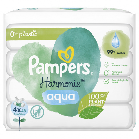 PAMPERS Harmonie Aqua vlhčené ubrousky Plastic Free 4x48 ks = 192 ks