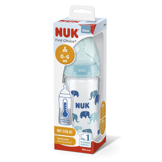 NUK FC+ Lahev skleněná s kontrolou teploty 240 ml - modrá