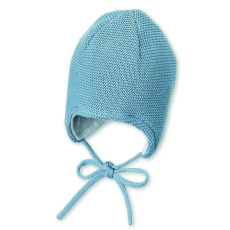 STERNTALER Čepice pletená GOTS bavlněná podšívka na vázání blue chlapec vel. 43 cm- 5-6 m