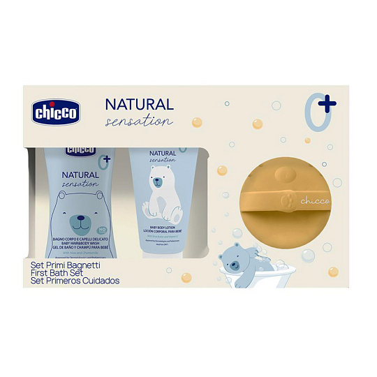 CHICCO Dárková sada kosmetiky Natural Sensation + silikonová mycí houbička méďa