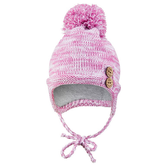 Little Angel-Čepice pletená zavazovací bambule a knoflíky Outlast ® - šeřík melír Velikost čepic: 3 | 42-44 cm