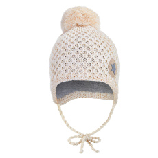 Little Angel-Čepice pletená zavazovací drobný vzor bambule Outlast® - natur melír Velikost: 3 | 42-44 cm