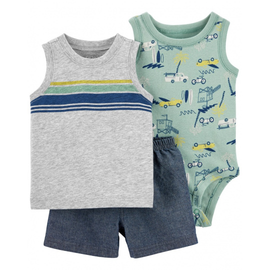 CARTER'S Set 3dílný body bez rukávů, tílko, kraťasy Grey Cars kluk NB