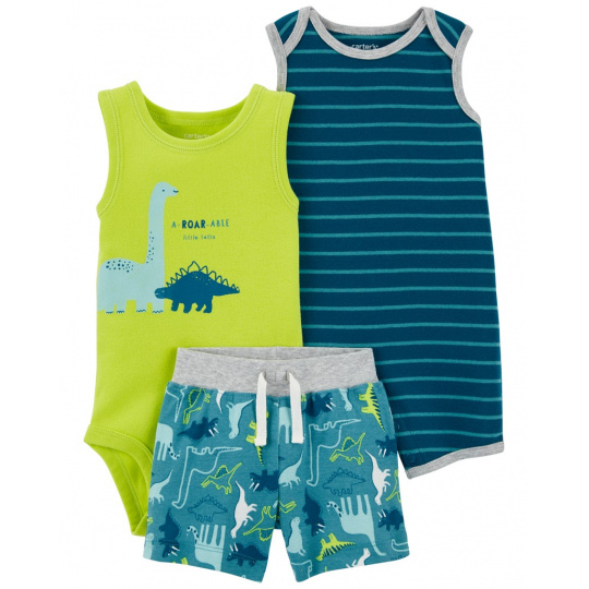 CARTER'S Set 3dílný overal letní kr. rukáv, body bez rukávů, kraťasy Stripes Dinos kluk 18m