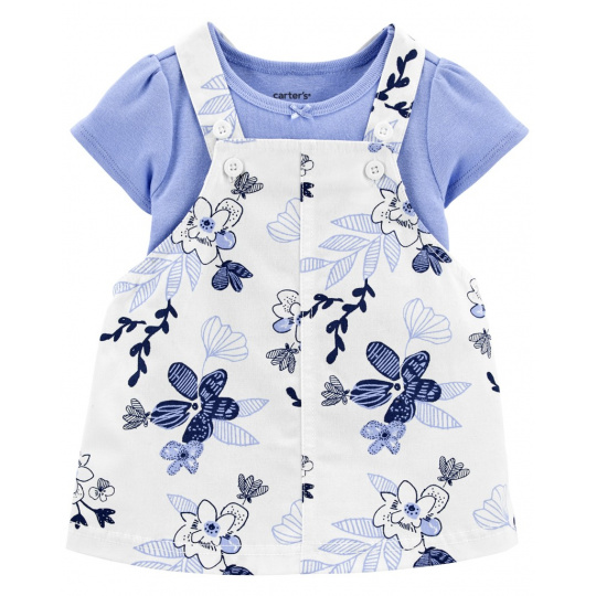 CARTER'S Set 2dílný body kr. rukáv, šaty na kšandy Blue Floral dívka 3m