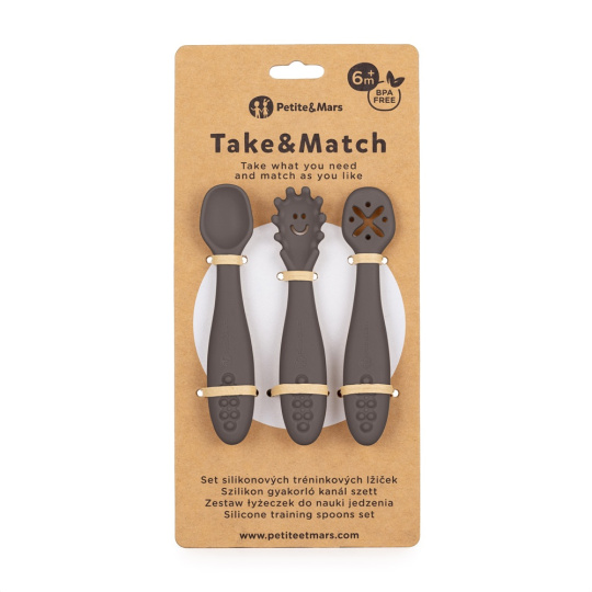 PETITE&MARS Set 3 ks silikonových tréninkových lžiček Take&Match Bitter Cocoa 6m+