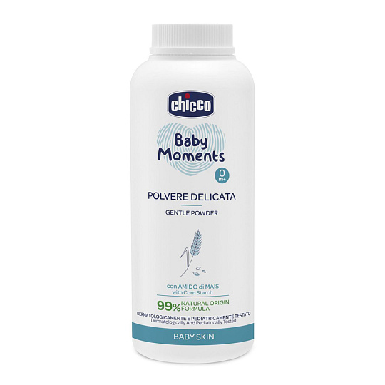 CHICCO Baby Moments dětský pudr s kaolinem a kukuřičným škrobem 99 % přírodních ingrediencí, 130 g